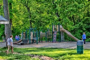 Brookside Playground - green and tan playground equipment with a wooded background