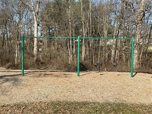 playground swings with woods behind